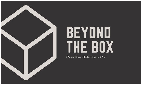 Beyond the Box business card using a dark background and simple drawing of a box, Canva
