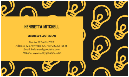 Electrician card with black background and bright yellow light bulbs, Canva