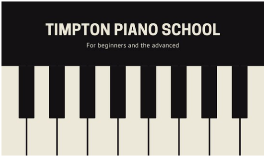 Piano school card with black and white piano keyboard taking up the bottom two thirds of the card, Canva