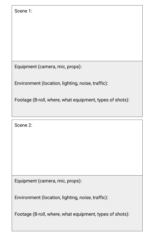 Storyboards for two scenes, each asking for info about equipment, environment and footage